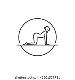 Yoga Pose Icon. Line Woman of Cow in Circle. Pilates Movement Symbol. Woman Gymnastic Signature. Exercise Sport Warm Up Graphic Resource. Stretching Exercise, Yoga Pilates Studio, Well Being Spa Logo