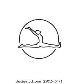 Yoga Pose Icon. Line Woman of Monkey in circle. Pilates Movement Symbol. Woman Gymnastic Signature. Exercise Sport Warm Up Graphic Resource. Stretching Exercise, Yoga Pilates Studio Logo. Spa lounge.