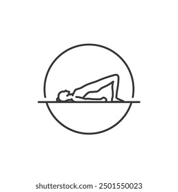 Yoga Pose Icon. Line Woman of bridge in circle. Pilates Movement Symbol. Woman Gymnastic Signature. Exercise Sport Warm Up Graphic Resource. Stretching Exercise, Yoga Pilates Studio Logo. Spa lounge.