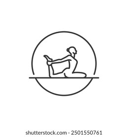 Yoga Pose Icon. Line Woman of one leg pigeon in circle. Pilates Movement Symbol. Woman Gymnastic Signature. Exercise Sport Warm Up graphic. Stretching Exercise, Yoga Pilates Studio Logo. Spa lounge.