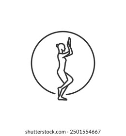 Yoga Pose Icon. Line Woman of Eagle in circle. Pilates Movement Symbol. Woman Gymnastic Signature. Exercise Sport Warm Up Graphic Resource. Stretching Exercise, Yoga Pilates Studio Logo. Spa lounge.