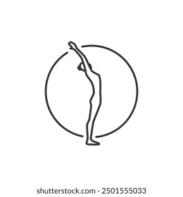 Yoga Pose Icon. Line Woman of back end in circle. Pilates Movement Symbol. Woman Gymnastic Signature. Sport Warm Up Graphic Resource. Stretching Exercise, Yoga Pilates Studio Logo. Spa lounge.