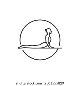 Yoga Pose Icon. Line Woman of upward dog in circle. Pilates Movement Symbol. Woman Gymnastic Signature. Sport Warm Up Graphic Resource. Stretching Exercise, Yoga Pilates Studio Logo. Spa lounge