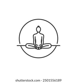 Yoga Pose Icon. Line Woman of butterfly in circle. Pilates Movement Symbol. Woman Gymnastic Signature. Sport Warm Up Graphic Resource. Stretching Exercise, Yoga Pilates Studio Logo. Spa lounge.