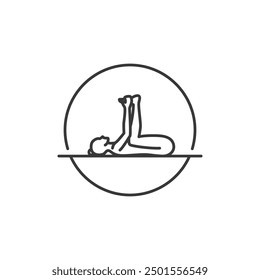 Yoga Pose Icon. Line Woman of happy baby in circle. Pilates Movement Symbol. Woman Gymnastic Signature. Sport Warm Up Graphic Resource. Stretching Exercise, Yoga Pilates Studio Logo. Spa lounge.