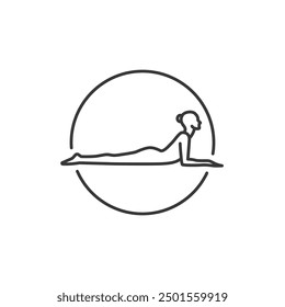 Yoga Pose Icon. Line Woman of spinx in circle. Pilates Movement Symbol. Woman Gymnastic Signature. Exercise Sport Warm Up Graphic Resource. Stretching Exercise, Yoga Pilates Studio Logo. Spa lounge.