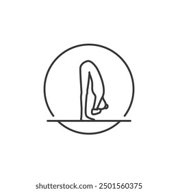 Yoga Pose Icon. Line Woman of forward fold in circle. Pilates Movement Symbol. Woman Gymnastic Signature. Sport Warm Up Graphic Resource. Stretching Exercise, Yoga Pilates Studio Logo. Spa lounge.