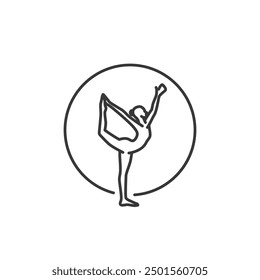 Icono de la pose del yoga. Línea Mujer de bailarina en círculo. Símbolo de movimiento de Pilates. Firma de gimnasia femenina. Ejercicio Deporte Calentar recurso gráfico. Ejercicio de estiramiento, Yoga Pilates Studio Logo. Salón de spa.