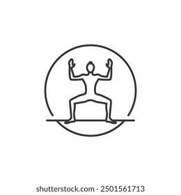 Yoga Pose Icon. Line Woman of goddes in circle. Pilates Movement Symbol. Woman Gymnastic Signature. Exercise Sport Warm Up Graphic Resource. Stretching Exercise, Yoga Pilates Studio Logo. Spa lounge.