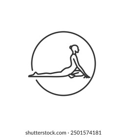 Icono de la pose del yoga. Línea Mujer de paloma en círculo. Símbolo de movimiento de Pilates. Firma de gimnasia femenina. Ejercicio Deporte Calentar recurso gráfico. Ejercicio de estiramiento, Yoga Pilates Studio Logo. Salón de spa.