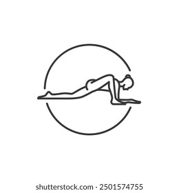 Icono de la pose del yoga. Línea Mujer de lagarto en círculo. Símbolo de movimiento de Pilates. Firma de gimnasia femenina. Ejercicio Deporte Calentar recurso gráfico. Ejercicio de estiramiento, Yoga Pilates Studio Logo. Salón de spa.