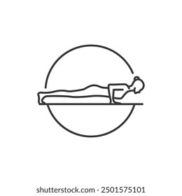 Icono de la pose del yoga. Línea Mujer de chaturanga en círculo. Símbolo de movimiento de Pilates. Firma de gimnasia femenina. El deporte calienta el recurso gráfico. Ejercicio de estiramiento, Yoga Pilates Studio Logo. Salón de spa