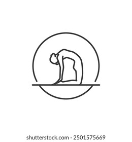 Icono de la pose del yoga. Línea Mujer de camello en círculo. Símbolo de movimiento de Pilates. Firma de gimnasia femenina. Ejercicio Deporte Calentar recurso gráfico. Ejercicio de estiramiento, Yoga Pilates Studio Logo. Salón de spa.