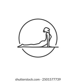 Icono de la pose del yoga. Línea Mujer de cobra en círculo. Símbolo de movimiento de Pilates. Firma de gimnasia femenina. Ejercicio Deporte Calentar recurso gráfico. Ejercicio de estiramiento, Yoga Pilates Studio Logo. Salón de spa.