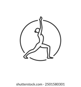 Icono de la pose del yoga. Línea Mujer de forma de cuerpo guerrero. Símbolo de movimiento de Pilates. Firma de gimnasia femenina. Ejercicio Deporte Calentar recurso gráfico. Ejercicio de estiramiento, Yoga Pilates Studio Logo. Salón de spa