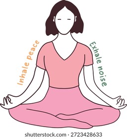 Yoga pose icon with positive affirmation quote "Inhale Peace, Exhale Noise", minimalist line art illustration in soft colors, mindfulness and meditation concept