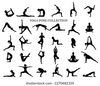 Yoga pose icon set 30 types of black silhouette isolated on a white background
