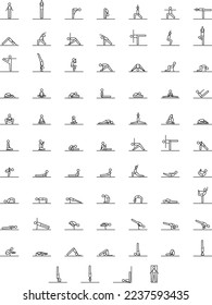 Juego de íconos de foso de yoga, secuencia de yoga, flujo de yoga, figura de palo