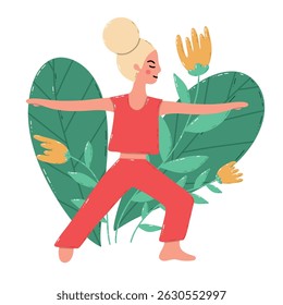 Yoga Pose Illustration Featuring Woman with Natural Elements in Background. Illustration of a woman practicing yoga surrounded by leaves and flowers, symbolizing balance and connection to nature. 
