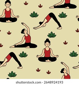 Yoga pose illustration with seamless pattern in vector form suitable for sports themed backgrounds. Also great for backgrounds, wallpapers, printing.