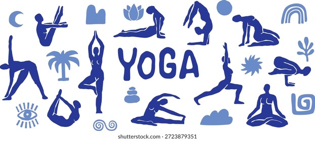 Conjunto de Vector de ilustración de pose de yoga: colección de silueta de meditación y atención plena
