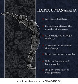 Yoga pose infographics, benefits of practice Hasta Uttanasana