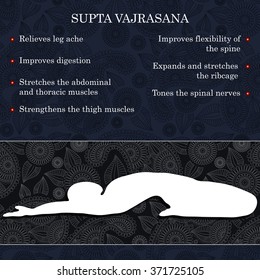 Yoga pose infographics, benefits of practice Supta Vajrasana