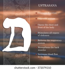 Yoga pose infographics, benefits of practice Ustrasana