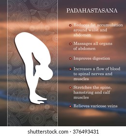 Yoga pose infographics, benefits of practice Padahastasana