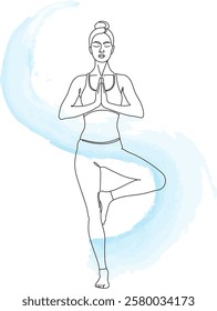 Yoga Pose Line Art with Blue Watercolor Accent