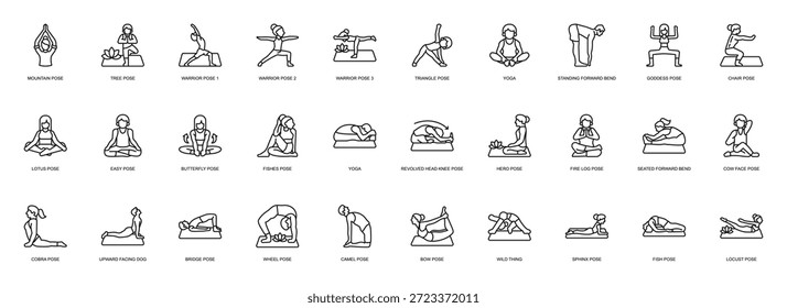 Yoga Pose line style icon set. Containing yoga, meditation, mindfulness, wellness, healthy lifestyle, fitness, relaxation