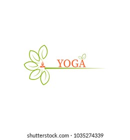 Yoga pose logo with green leaves, vector design element