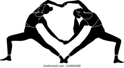 Yoga pose logo, silhouette of two women in stylish yoga poses, line art illustration of two girl holding hands each other and doing exercise
