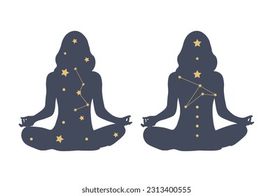 Silueta de pose de yoga de lotos. Diseño de arte moderno con lomos de pose y estrellas. 