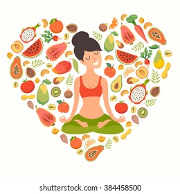 Yoga pose, lotus position. Beautiful girl in the lotus position. Nutrition concept. Healthy natural organic food. Fruit pattern isolated on white background. Vectot illustration