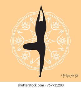 Yoga pose and mandala design on peach-colored background. Poster, print, banner, health, fitness, yoga studio.