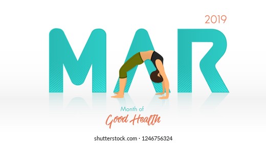 Yoga pose for March banner. Yoga routine header for calendar template. Woman figures exercise in black shirt and green yoga pants  in Month of Good Health concept. Vector Illustration.