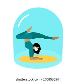 Yoga pose, meditation and healthy lifestyle. Beautiful athletic girl in a green tracksuit and protective mask exercises at home. Social distance in the coronavirus pandemic. - Shutterstock ID 1708068544