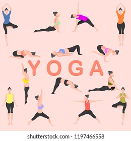 yoga pose mountain downward dog warrior tree bridge triangle  cobra pigeon crow child's female fitness girl gym energy vector illustration eps10