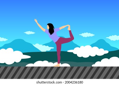 Yoga pose with mountains in the background. Young woman yoga pose illustration