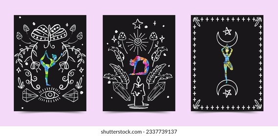 Yoga Pose Mystical Vector Cards Set