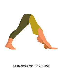 Yoga pose, physical exercise of woman, face down. Vector illustrations of girl stretching body. Cartoon female character training