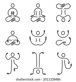 Piktogramm-Set für Yoga-Posen. Stylisierter Mensch in Yogapositionen. Silhouette von Menschen, die Qigong üben. Neun Icon-Set von verschiedenen Yoga-Positionen.