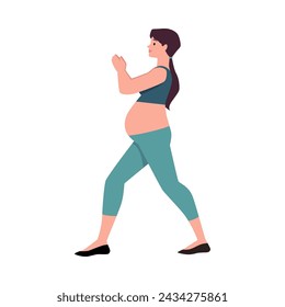 Posada de yoga de una mujer embarazada. Ilustración vectorial plana de una mujer embarazada haciendo yoga, vista lateral. Una simple ilustración de cuerpo completo de un personaje en un fondo aislado.