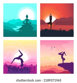 yoga pose relax landscape, nature, sunset template web banner flexibility