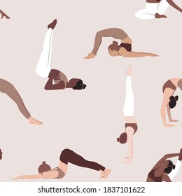 Yoga pose seamless pattern, diversity women sport class. Poeple  flat  characters, Indoor group. Black woman activity  illustration. Young fitness tema meditating, pilates activity 