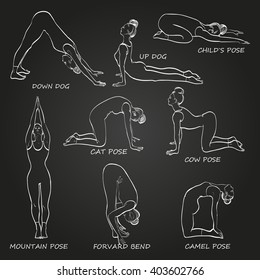 Yoga pose set vector illustration.Woman in nine different asanas. Black and white gradient background, linear graphic. Easy to scale.