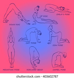 Yoga pose set vector illustration.Woman in nine different asanas. Pink and blue gradient background, violet linear graphic. Easy to scale.