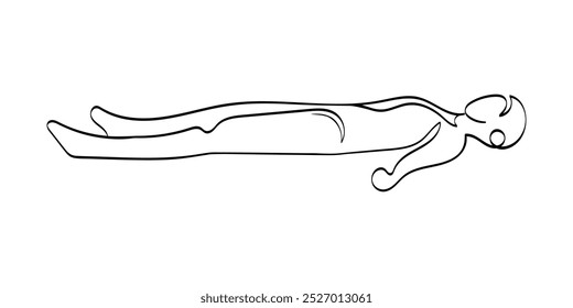 Yoga pose - shavasana, asana from Vikonani yoga in a minimalist style with one line. Pilates class. The girl is meditating. Ideal for designs related to fitness, health, meditation and healthy living.