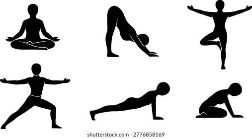 Yoga pose silhouette icons set with meditation stretching fitness positions